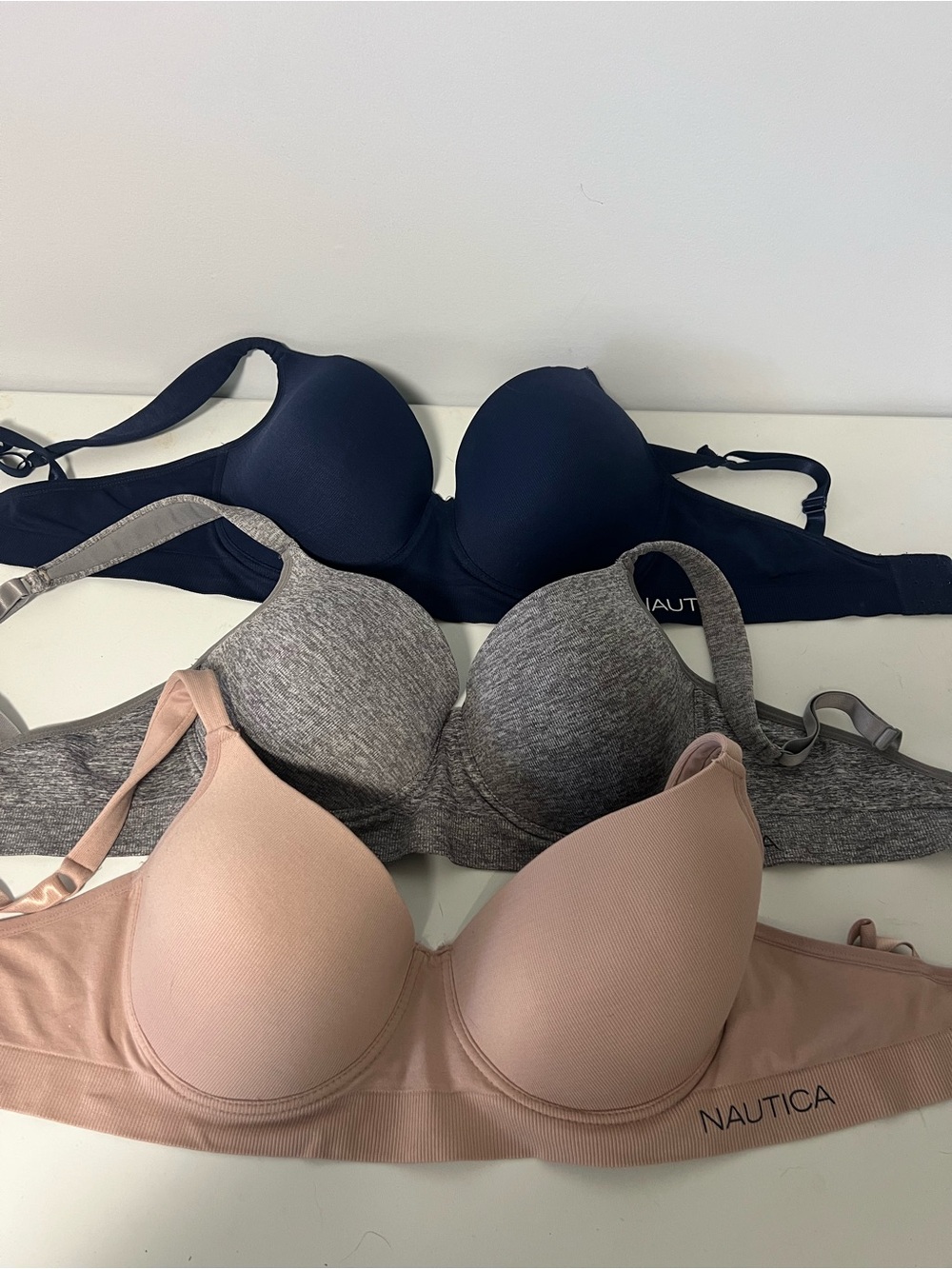 Nautica 3-Pack T-Shirt Bras in Navy, Heather Gray & Light Pink - 38D